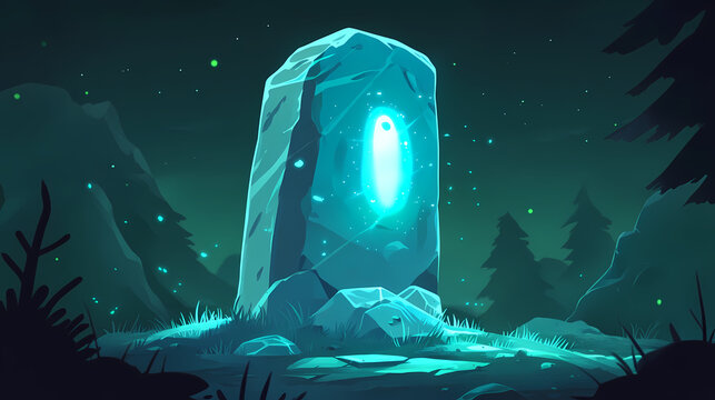 A mysterious, glowing symbol carved into an ancient stone, with a translucent phantom hovering nearby, evoking a sense of cryptic wonder, flat design illustration. Phantom Shimmer. Illustration
