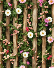Fototapeta premium Rustic garden fence seamless pattern adorned with vibrant flowers creating a charming and natural outdoor scene