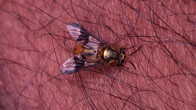 Macro Video of Dangerous fly Sucking Blood from human skin, Dengue Disease, Zika, EEE Virus Parasite Insect Bite