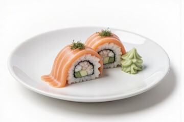 Salmon sushi rolls with wasabi on white plate, fresh seafood, healthy Asian food