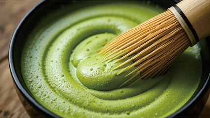 Traditional Japanese Matcha Tea Preparation with Bamboo Whisk in a Black Bowl