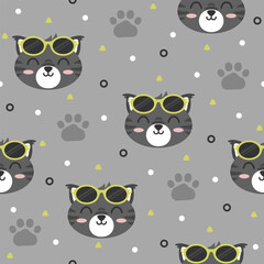 Cool cat hand drawn seamless pattern design for print on fabric and other uses.