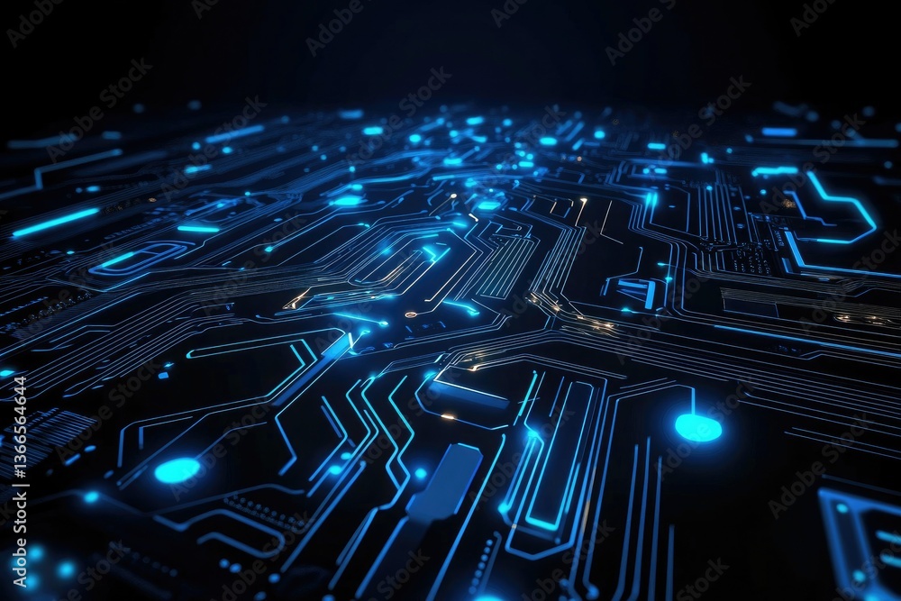 Poster illuminated blue circuit board pattern representing technological advancement and innovation