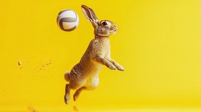 Bunny rabbit playing volleyball animal sports funny pet hare yellow background easter cute playful action shot