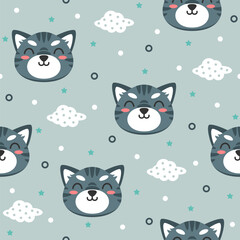 Kitten hand drawn seamless pattern design for print on fabric and other uses.