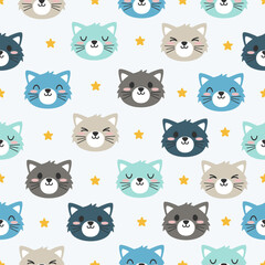Cute kitten hand drawn seamless pattern design for print on fabric and other uses.