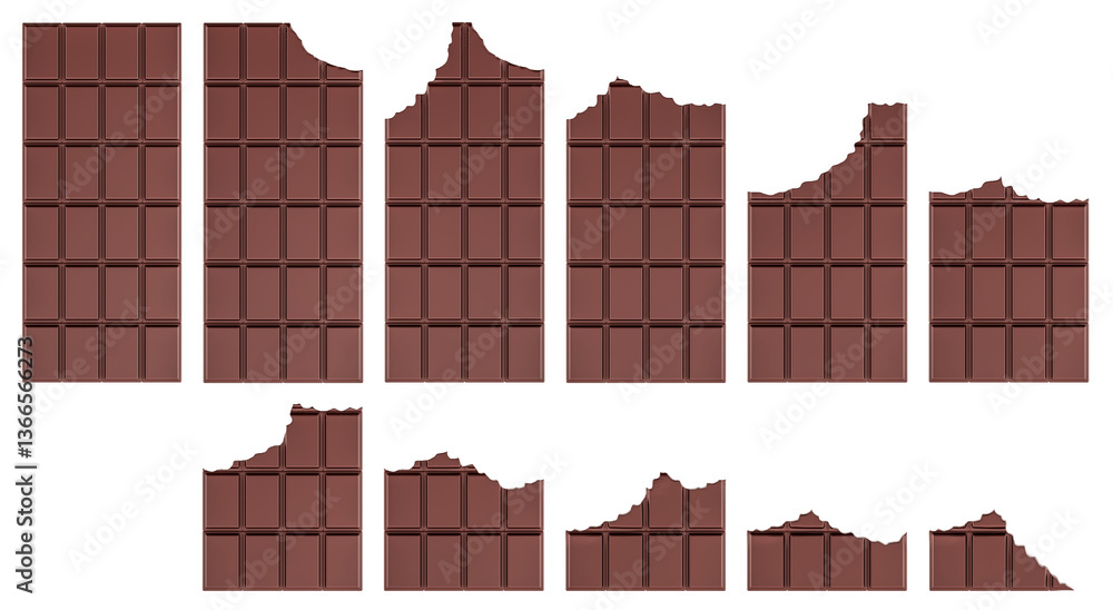 Poster whole chocolate bar and set of chocolate bitten bars, 3d rendering isolated on transparent backgroun