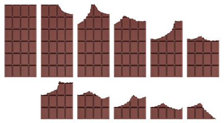 Whole Chocolate Bar and Set of Chocolate Bitten Bars, 3D rendering isolated on transparent background