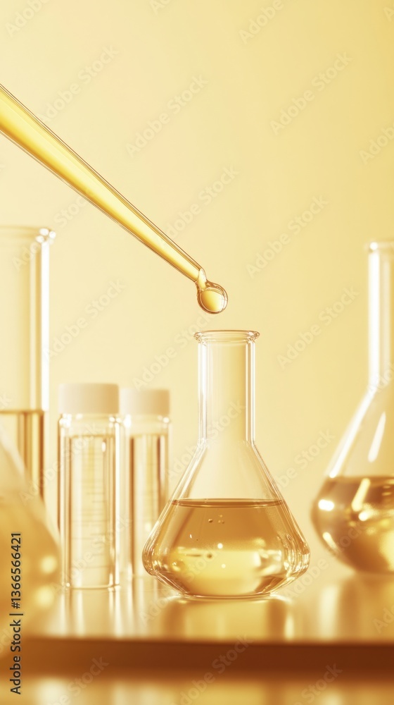 Poster pipette pouring golden liquid into erlenmeyer flask in laboratory setting