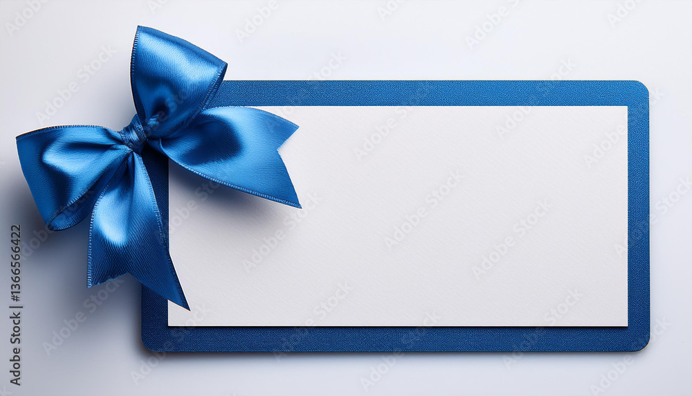 Poster blank card with blue border and bow. empty white space for message. simple design with elegant ribbo