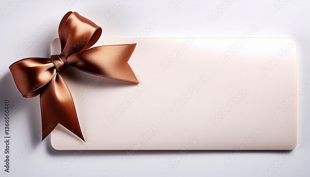 Poster blank card with brown bow on white surface. decorative ribbon on simple card. pastel color palette f