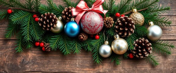 A charming arrangement of Christmas ornaments, pine cones, and evergreen branches on a rustic wooden surface, texture, d?cor