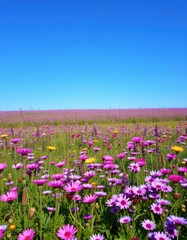 A vibrant meadow awash in purple and pink wildflowers, stretching to a clear blue sky, natural, image, spring