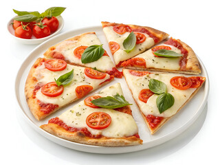 A plate of classic Margherita pizza slices with fresh basil and melted mozzarella, isolated on a white background