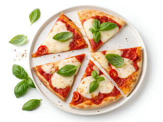 A plate of classic Margherita pizza slices with fresh basil and melted mozzarella, isolated on a white background