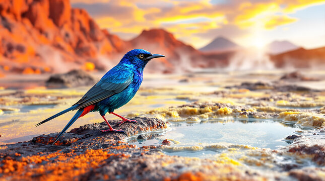 Red-legged Honeycreeper Amidst the Fiery Landscapes of Ethiopia&rsquo;s Volcanic Desert and Sulfur Springs. 