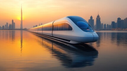 Futuristic train on water at sunset