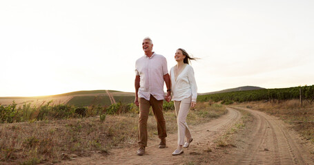 Farm, walking and holding hands with senior couple, love and relationship with vacation for...