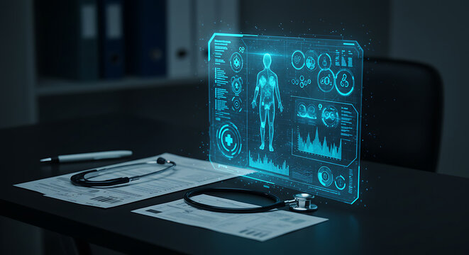 Examining Human Body Hologram with Stethoscope for Medical Analysis on Desk