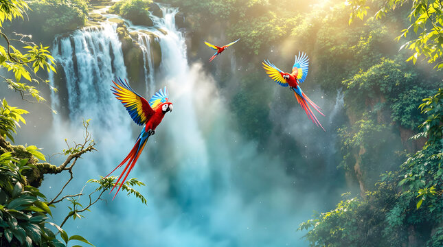 Scarlet Macaw Soaring Above the Breathtaking Waterfalls of the Amazon Rainforest. 