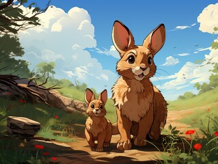Illustration bear and little bear son in a beautiful day