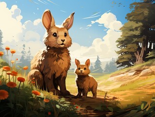 Illustration rabbit and little rabbit son in a beautiful day