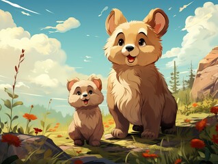 Illustration bear and little bear son in a beautiful day