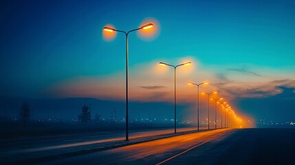 Modern Urban Street with LED Lighting Poles Illuminating a Foggy Evening Landscape in Vibrant Colors