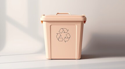 Front view of a peach colored recycling container