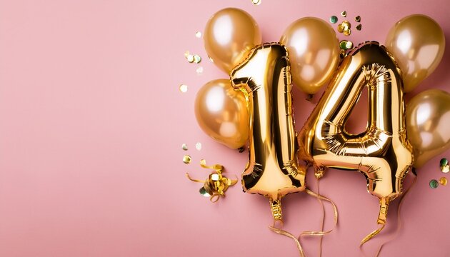 Banner with 14 number golden balloons with pastel background, copy space. Generated image
