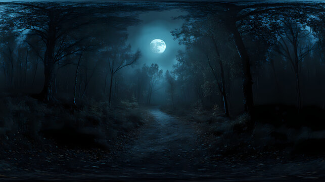 degree, dark forest path illuminated by the moon, with ghostly apparitions floating. hdri spherical panorama. Ghostly Light. Illustration