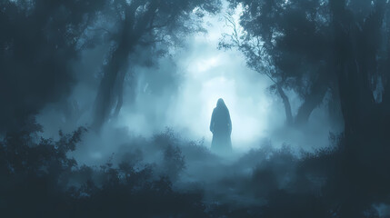 A ghostly figure slowly emerges from dense mist in a dimly lit forest, creating an unsettling atmosphere at twilight. Ghostly Light. Illustration