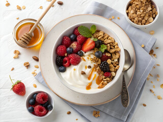 Healthy Greek Yogurt Bowl: Berries, Granola, and Honey for a Nutritious Breakfast