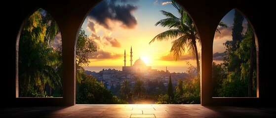 Sunset Mosque View Through Arches