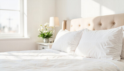 Cozy white bedroom with soft pillows and natural lightFreshly made bed with white sheets, Spring Cleaning Event    