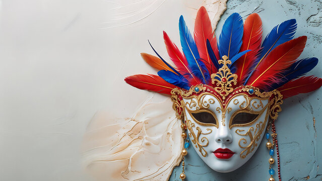 carnival theater acting mask with red blue feathers on a white background with space for text