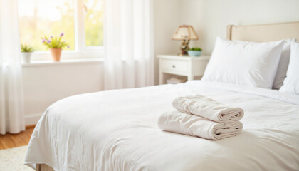 Cozy bedroom with neatly folded towels on a fresh white bedFreshly made bed with white sheets, Spring Cleaning Event    