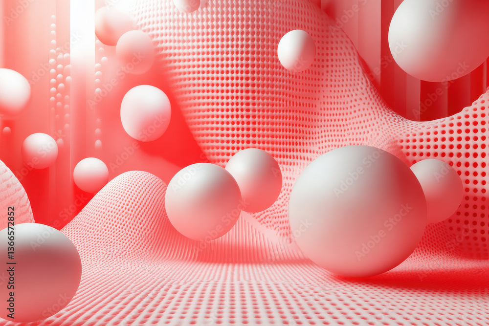 Aufkleber abstract 3d render with spheres and wavy grid in coral color modern design