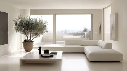 Fototapeta premium Modern minimalist living room with large windows showcasing a scenic view and an olive tree centerpiece