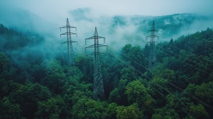 Obraz premium Scenic Transmission Towers Amidst Misty Forest Landscape with High Voltage Power Lines