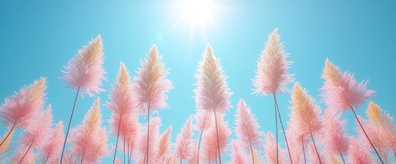 Fluffy pink grass against a vibrant blue sky