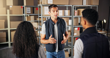 Warehouse, people and meeting for quality control, shipping and production with logistics order and courier. Group, collaboration and distribution trade for factory, supply chain or industry service