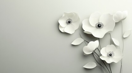 Elegant white paper flowers delicately arranged on a soft gray background, creating a serene and modern aesthetic