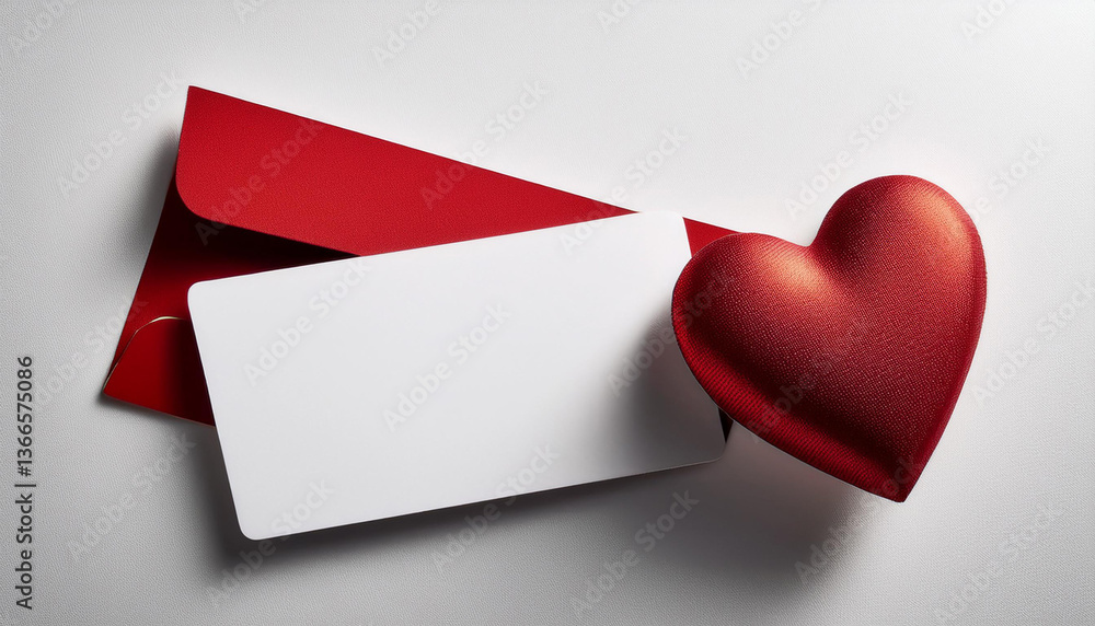 Poster red heart and white card with red envelope on a surface. blank card near heart. heart shape object f
