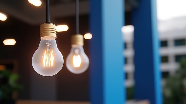 Hanging light bulbs with glowing filaments in modern interior, featuring blurred background for bokeh effect