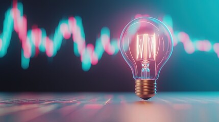glowing light bulb on reflective surface with vibrant bokeh effect and financial chart in background