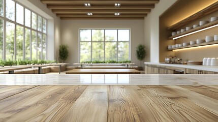 modern kitchen interior with wooden countertops, bright natural light, and shelves with neatly arranged dishes