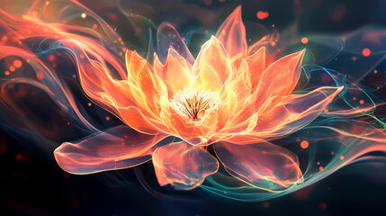 Fototapeta premium A radiant aura envelops an otherworldly flower, glowing, delicate, leaf. Otherworldly Aura. Illustration