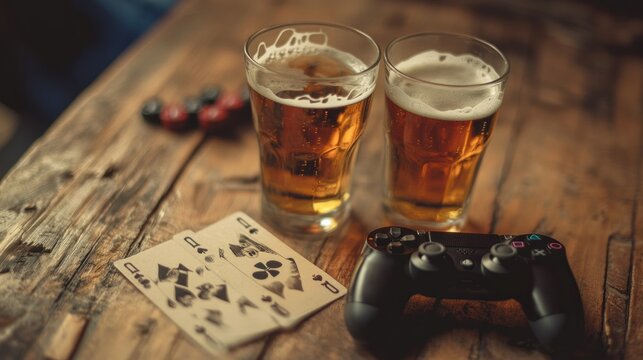 Two glasses of beer, playing cards and gamepad resting on wooden table