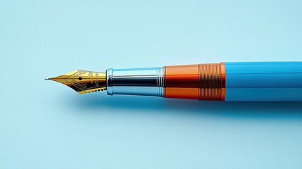 Naklejka premium Elegant fountain pen with a golden nib and blue barrel on a light blue background in a minimalistic style